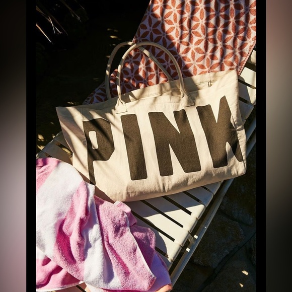 NWT PINK Victoria’s Secret Large Canvas Tote Duffel Bag Cream w/Black print. - Picture 2 of 11